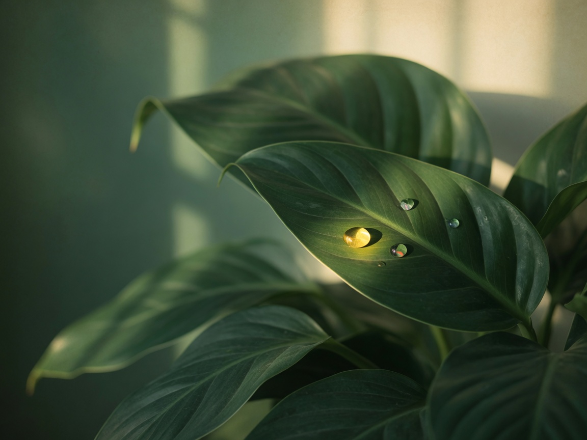 Water droplets resting on a green leaf in morning light
